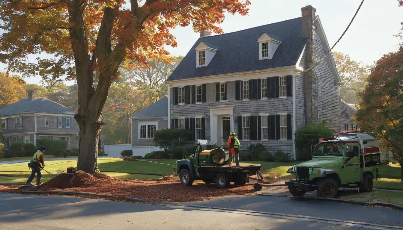 Tree removal crew working safely beside a Cape Cod style home in the Shelton area